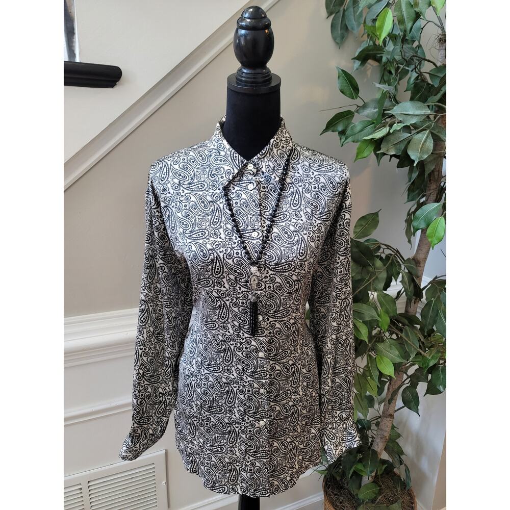 Zara Blouse Women's Size XL Black White Paisley Button Front Long Sleeve Shirt - Picture 2 of 9